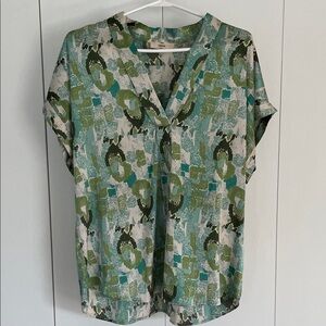 Women's Entro Green Patterned Size L Satin V-neck Top Large
